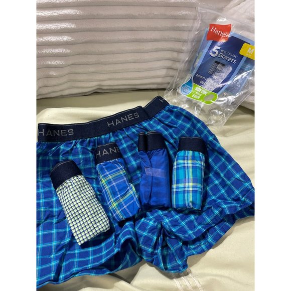 Hanes Boys Plaid Tagless Boxers 5-Pack, Green & Blue - Medium - Picture 2 of 6